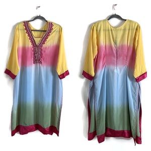 rainbow silk tunic kaftan, long sleeve, hand embroidered, ombre dress L/XL
